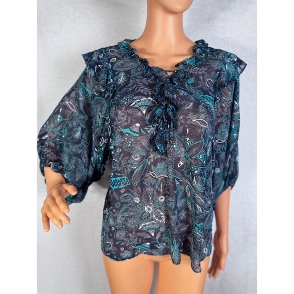 EUC by ANTHROPOLOGIE sheer 3/4 sleeves ruffles blue teal white Size S